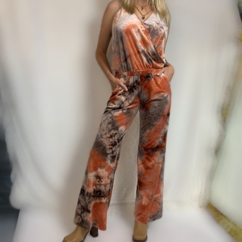 NWT Young Fabulous & Broke Naomi 70's Velvet Orange Tie Dye Cloud Jumpsuit Large